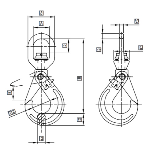 Hák otočný samosvěrný kluzný WLH třída 8 rozměry