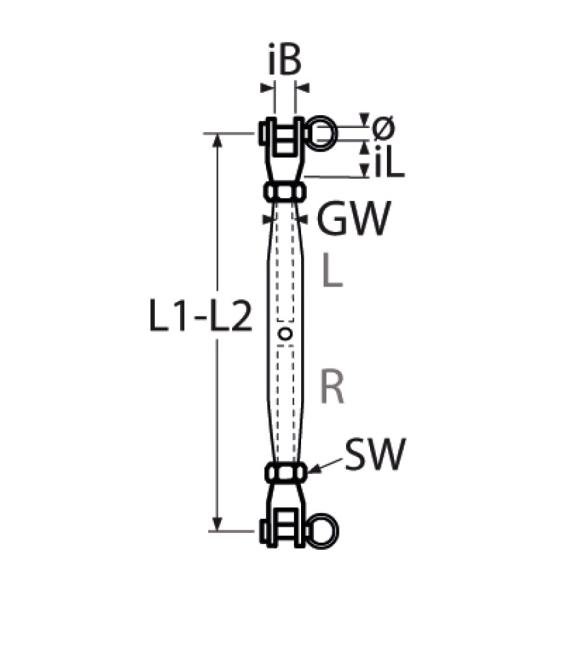 Nerezový napínák trubkový vidlice-vidlice - AISI 316 - závit: M5