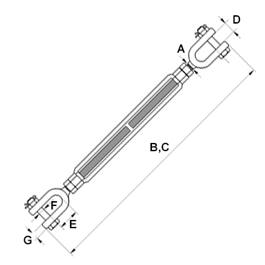 Napínák VIDLICE-VIDLICE s dlouhým závitem FF-T-791, žárově pozinkovaný rozměry
